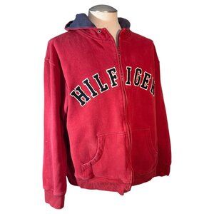 Tommy Hilfiger Red Hoodie sweatshirt Jacket Large full Zip spell Out men vTG Y2K